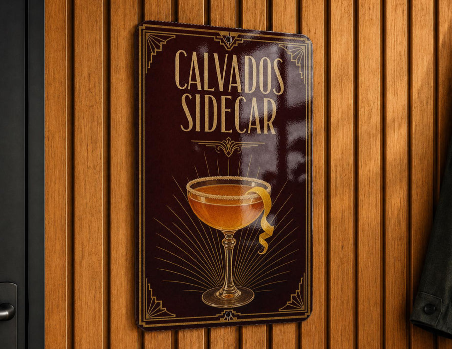 a sign that reads "Calvados Sidercar" and depicts a glass of wine with a lemon twist.