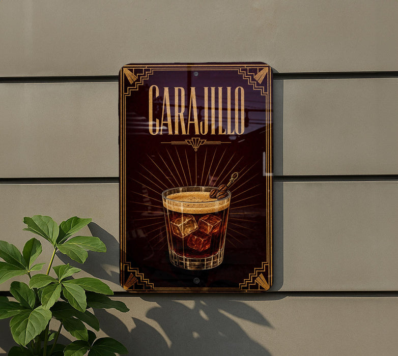a sign for a drink called "Carajillo" with a glass of the drink and ice cubes displayed on it.