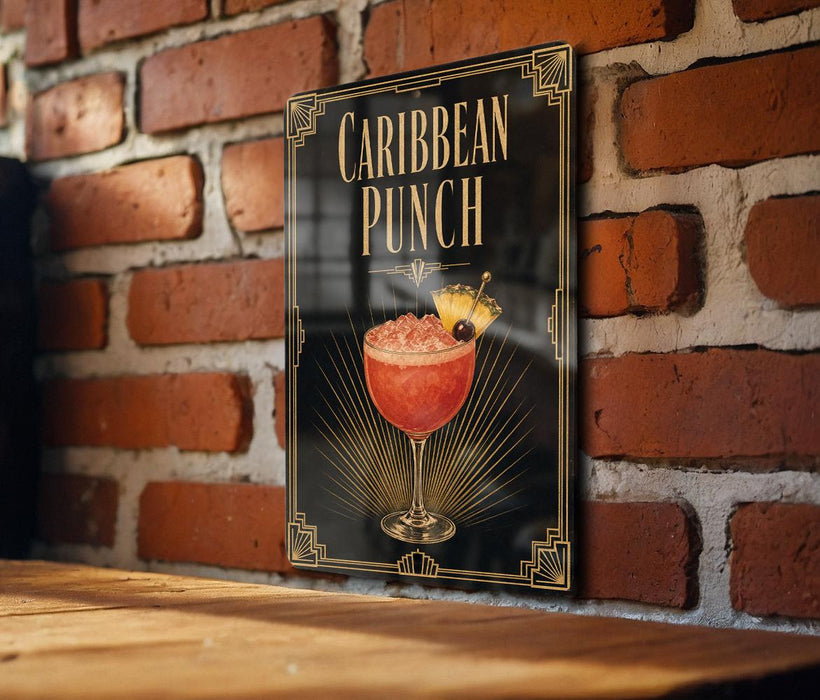 A sign for "Caribbean Punch" is displayed on a brick wall, featuring an illustration of a cocktail glass with a pineapple and a cherry on top.