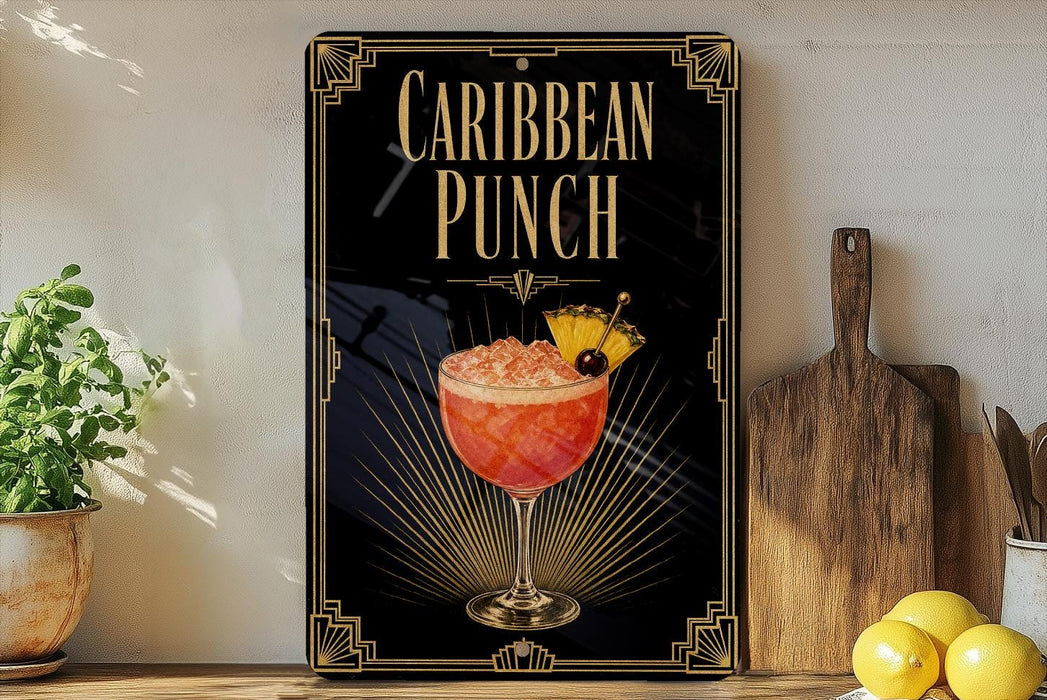 A decorative sign for a Caribbean punch cocktail, featuring a glass of the drink with a pineapple and a cherry on top, along with a wooden cutting board and a potted plant in the background.