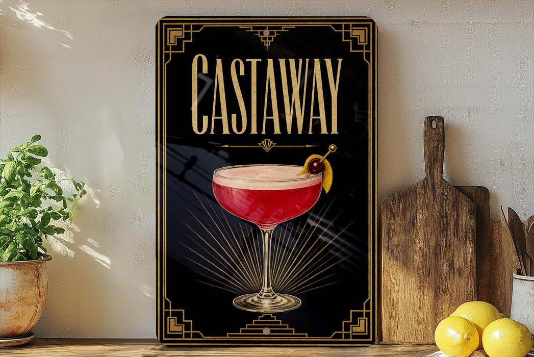 a framed poster of a cocktail glass with a garnish, placed on a shelf next to a wooden cutting board and some lemons.