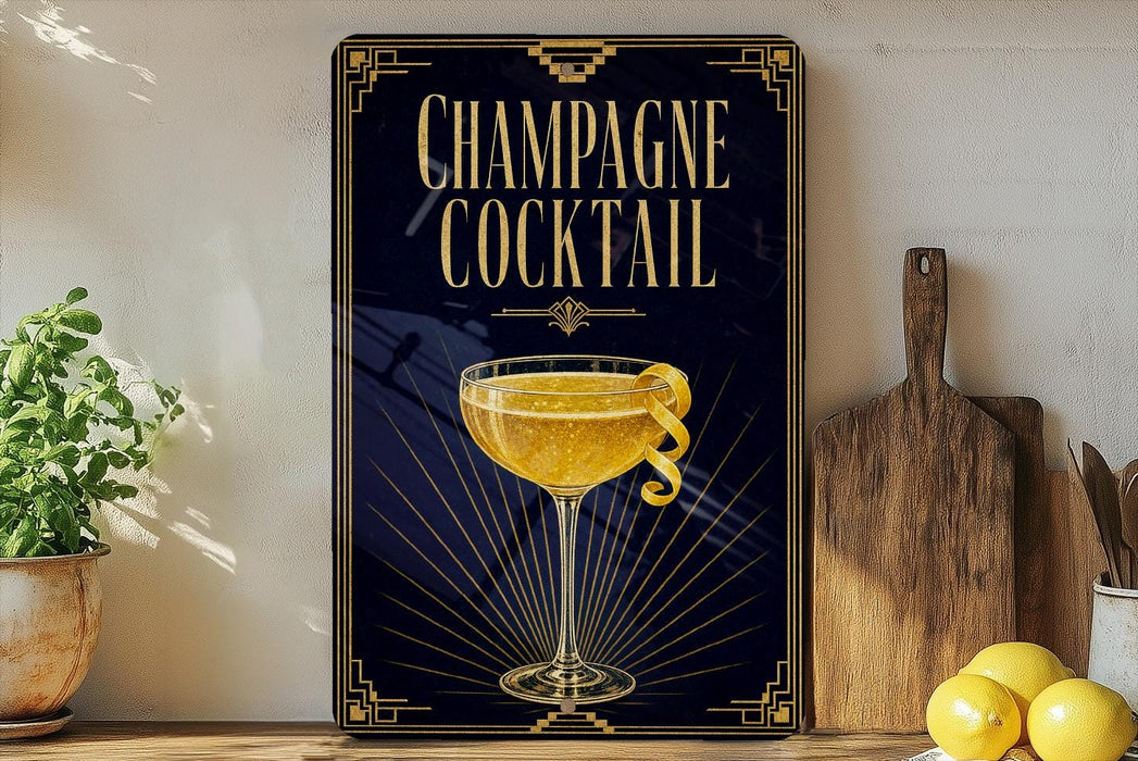 A framed advertisement for a champagne cocktail, featuring a glass of champagne with a lemon twist, is displayed on a wall next to a wooden cutting board and a potted plant.