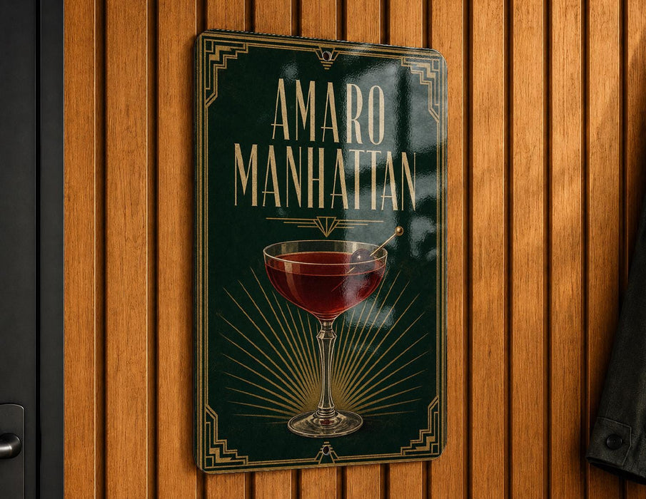 A sign for "Amaro Manhattan" is displayed on a wooden wall, featuring an illustration of a glass of red wine.