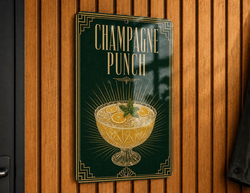 A sign with the text "CHAMPAGNE PUNCH" and an illustration of a champagne punch in a glass bowl.