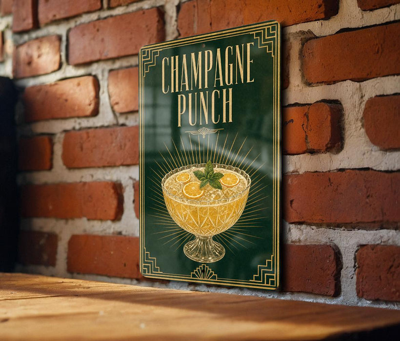 A sign with the title "CHAMPAGNE PUNCH" is displayed on a brick wall, featuring an illustration of a champagne punch bowl.