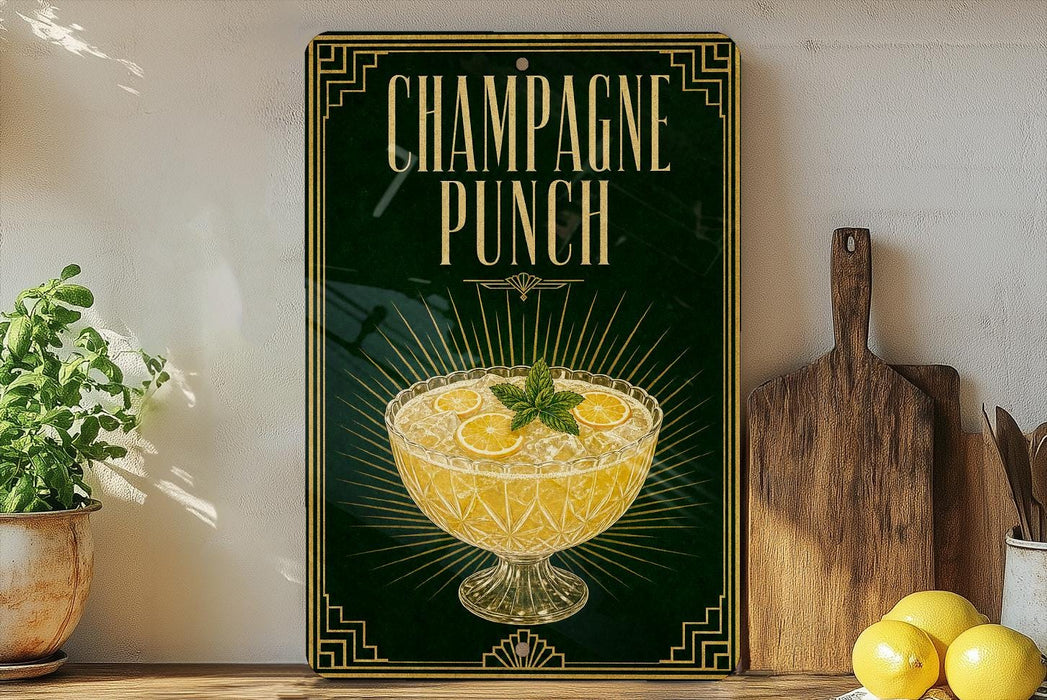 A sign for "Champagne Punch" is displayed on a shelf, accompanied by a potted plant, a cutting board, and some lemons.