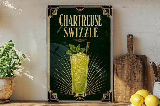 A framed poster advertising a Chartreuse Swzzle cocktail, featuring a glass of the drink with a mint leaf garnish.