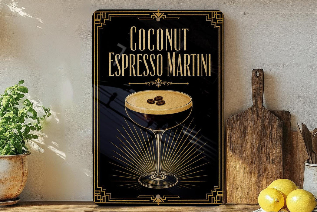 a decorative sign with a cocktail glass and coffee beans, along with a wooden cutting board and a potted plant.