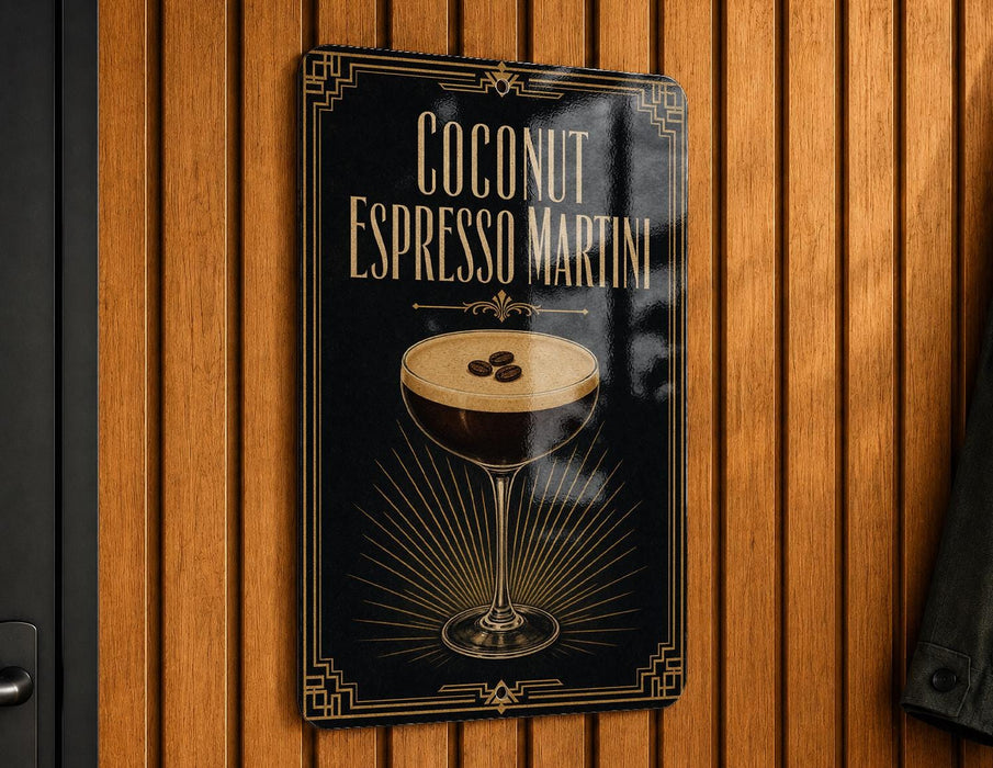 A sign for a coconut espresso martini, featuring an illustration of a martini glass with a frothy head and coffee beans.