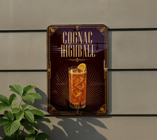 a sign advertising a cocktail called "Cognac Highball" with a glass illustration.