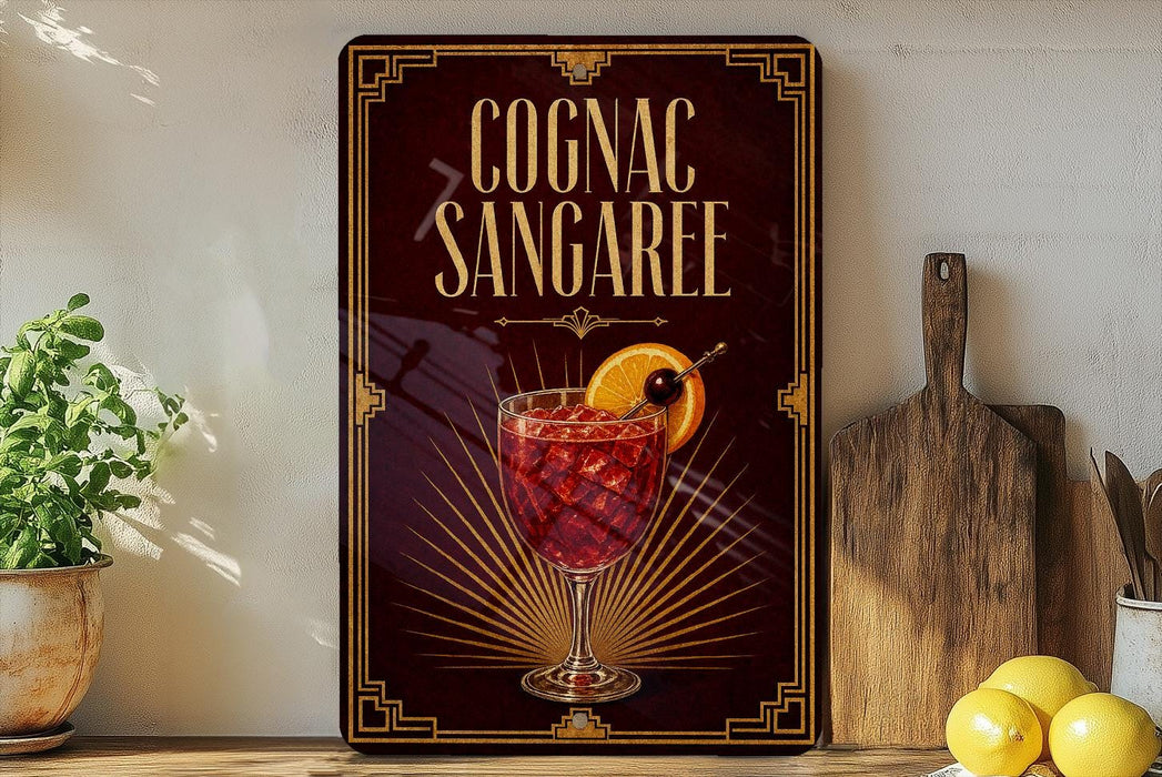 a decorative sign for a Cognac Sangaree cocktail, with a glass of the drink and garnish visible.