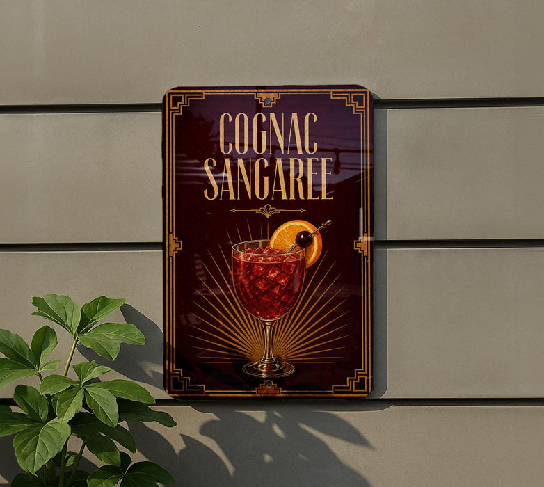 a sign for a cognac-sangaree cocktail, with a glass of the drink and an orange slice on the sign.