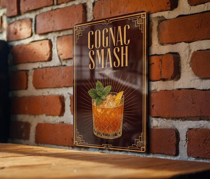 A sign with the text "Cognac Smash" and an illustration of a cocktail on a wooden surface against a brick wall background.