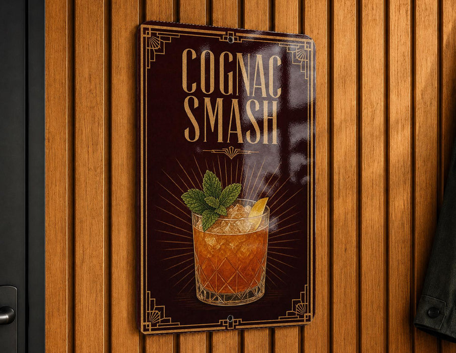 a sign with the text "Cognac Smash" and an illustration of a cocktail.