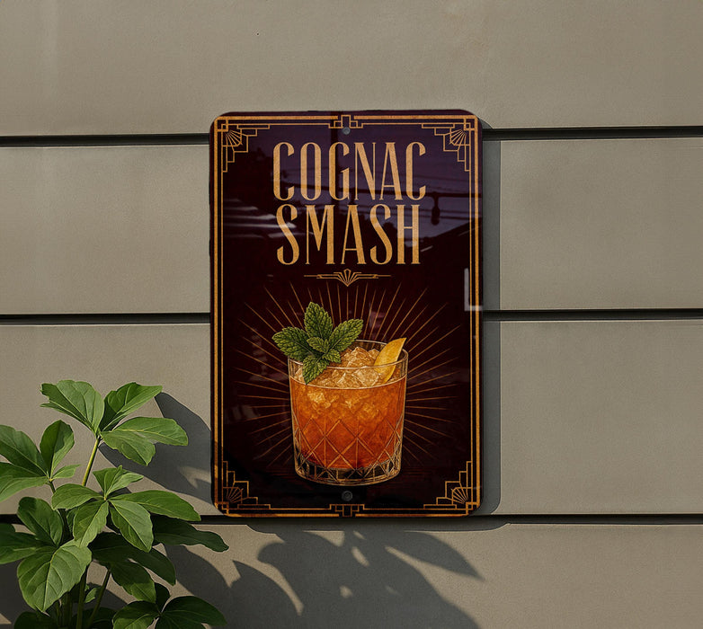 a sign for a cocktail called "Cognac Smash" with a glass illustration and a mint garnish.