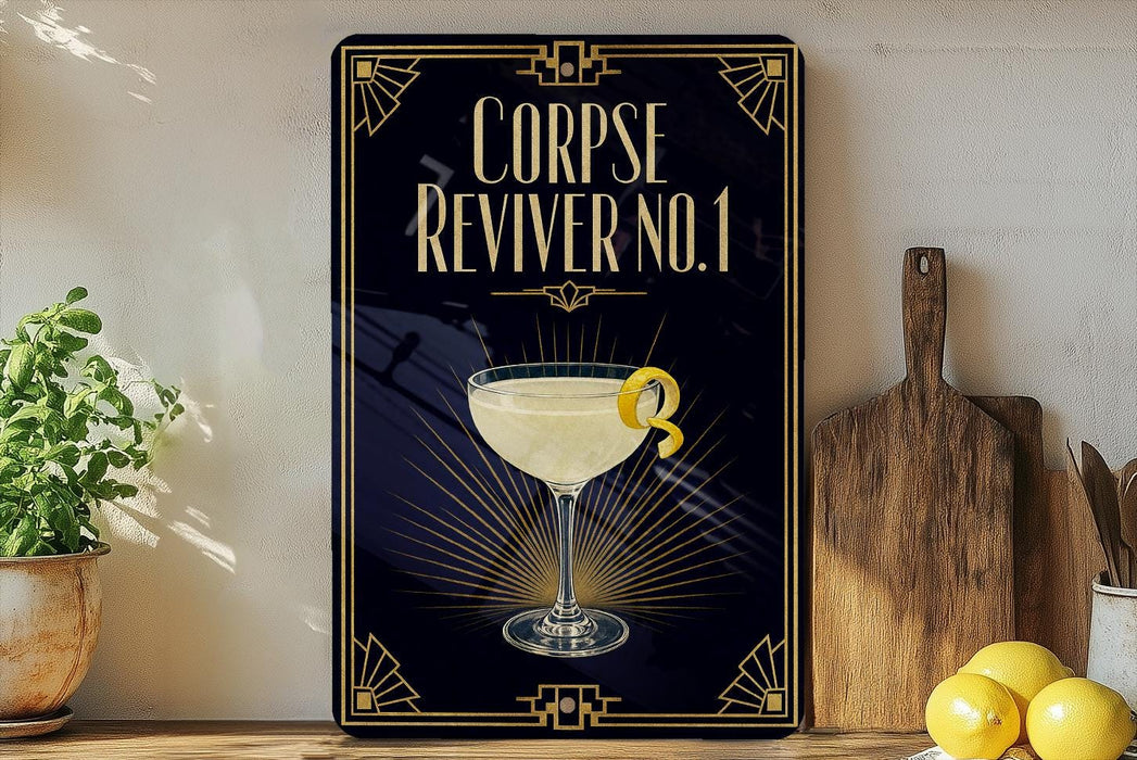 a decorative sign with a cocktail glass and lemon on a wooden surface, accompanied by a wooden cutting board and a potted plant.