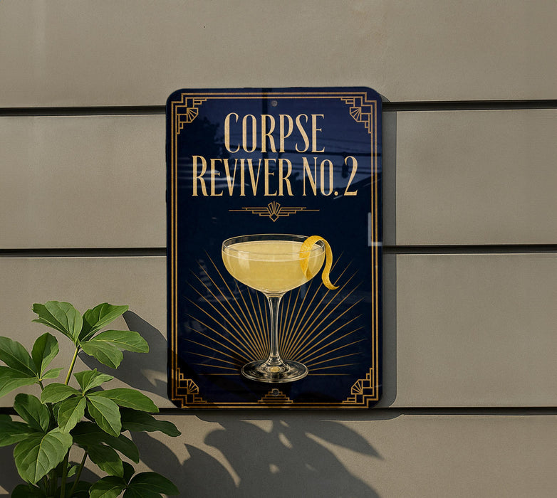 a sign with a cocktail glass and a lemon on a wall.