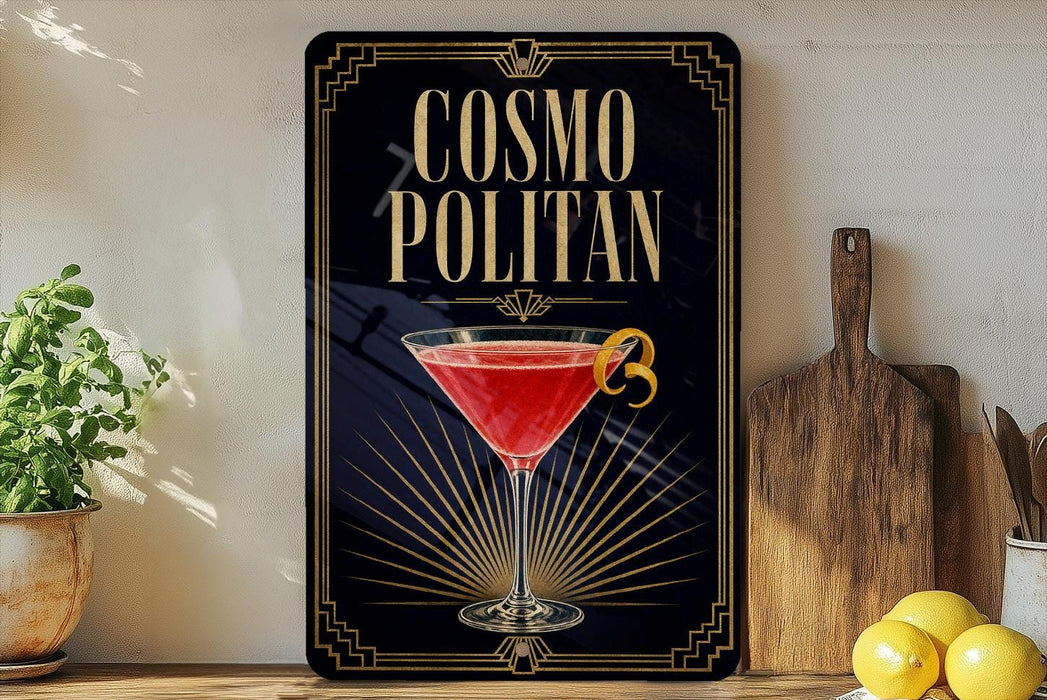 a decorative sign with a cocktail glass and a lemon, along with a wooden cutting board and a potted plant.