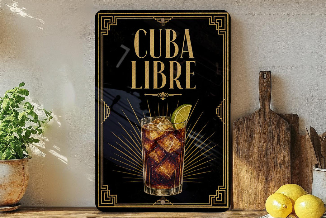 a poster with the text "CUBA LIBRE" and an illustration of a drink with ice cubes and a lime slice.