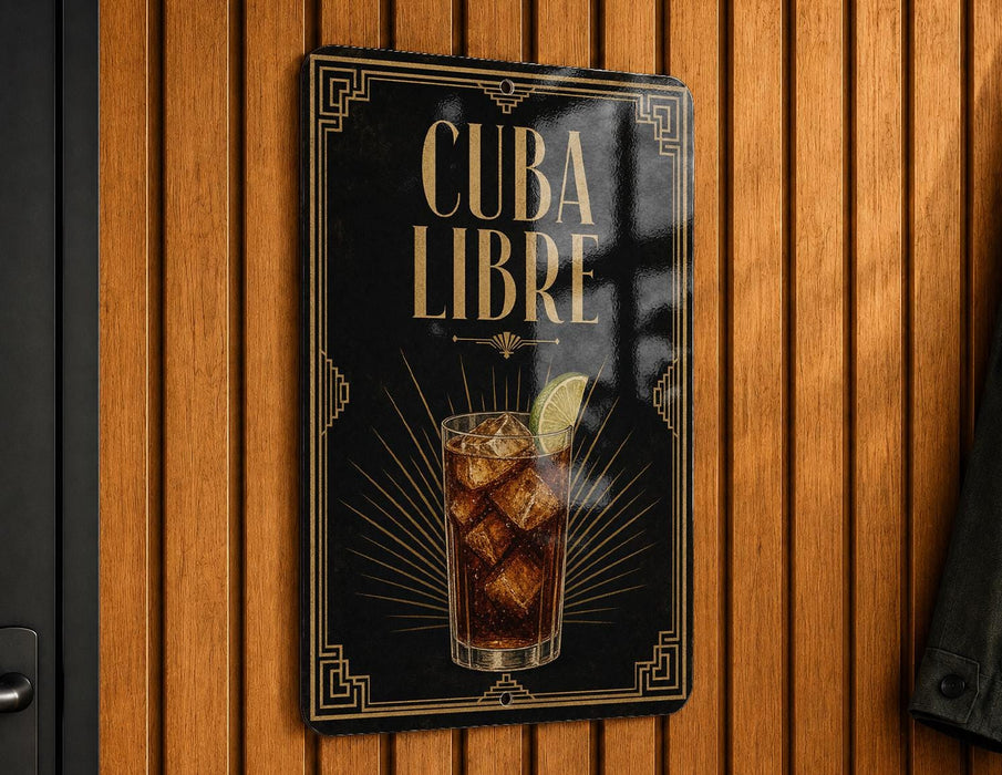 A sign with the text "CUBA LIBRE" and an illustration of a drink, likely a cocktail, with ice cubes and a lime wedge.