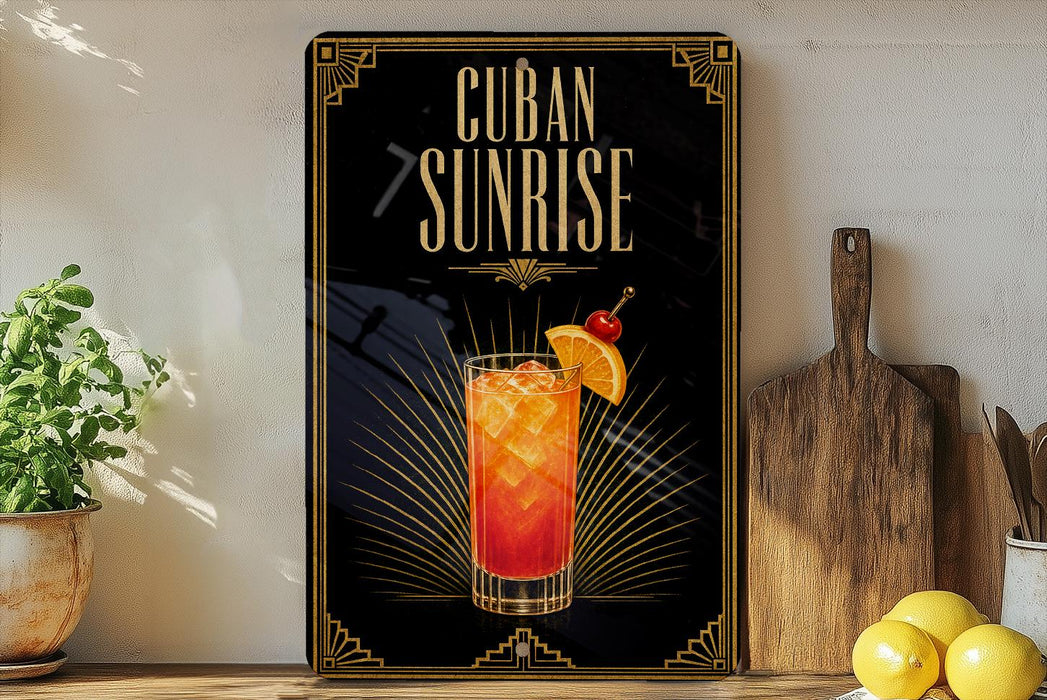 a decorative sign with the text "CUBA SUNRISE" and an illustration of a cocktail with a slice of orange on a wooden board.
