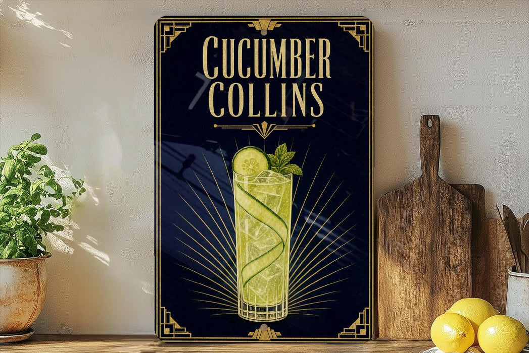 a decorative sign for a cucumber Collins cocktail, with a glass of the drink and garnish visible.