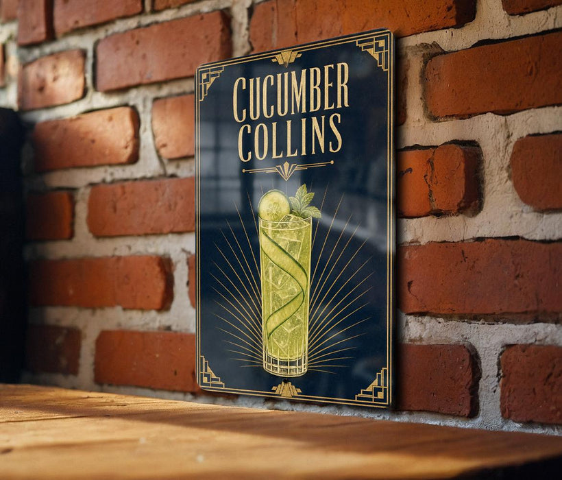 A sign for a cucumber Collins cocktail is displayed on a brick wall.