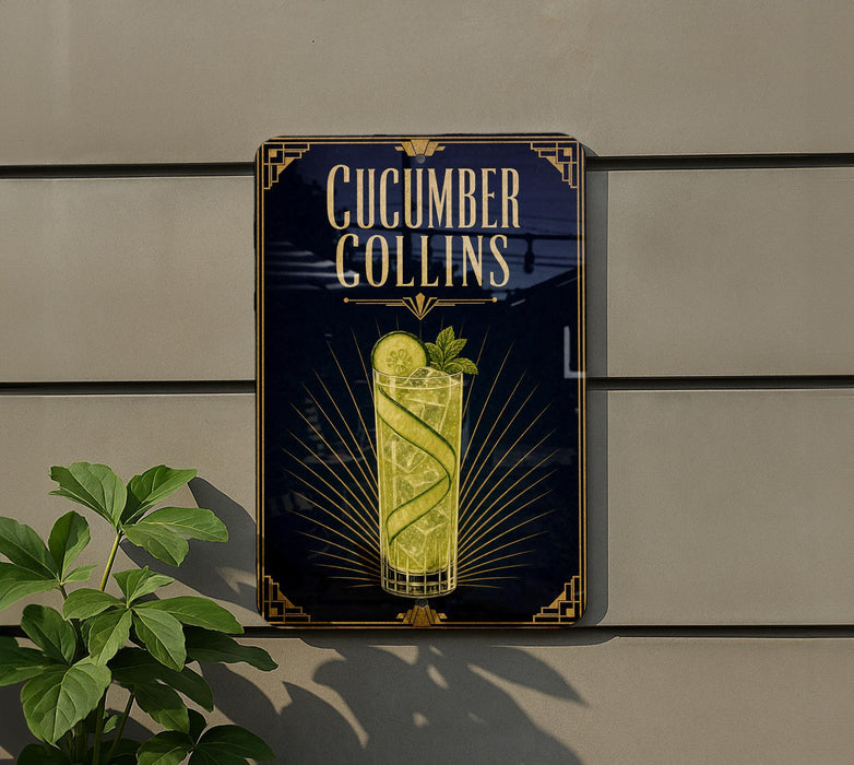 a sign for a cucumber gollin's cocktail, with a glass illustration and decorative elements.
