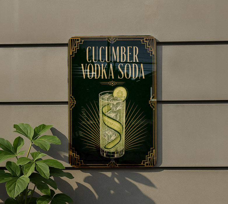 a sign advertising cucumber vodka soda, with a glass illustration of the drink and decorative elements surrounding it.