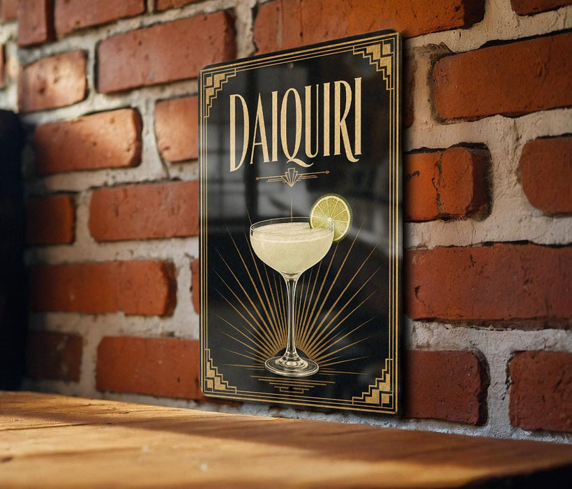 A decorative sign featuring a cocktail glass with a lemon slice, mounted on a brick wall.