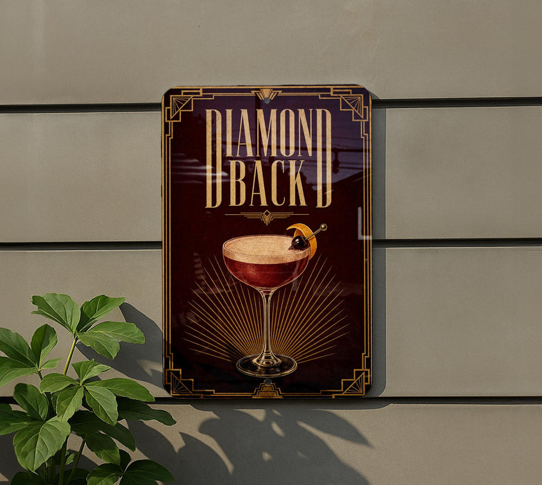 a sign for a bar called "Diamond Back D" with a glass of wine and a garnish on it.