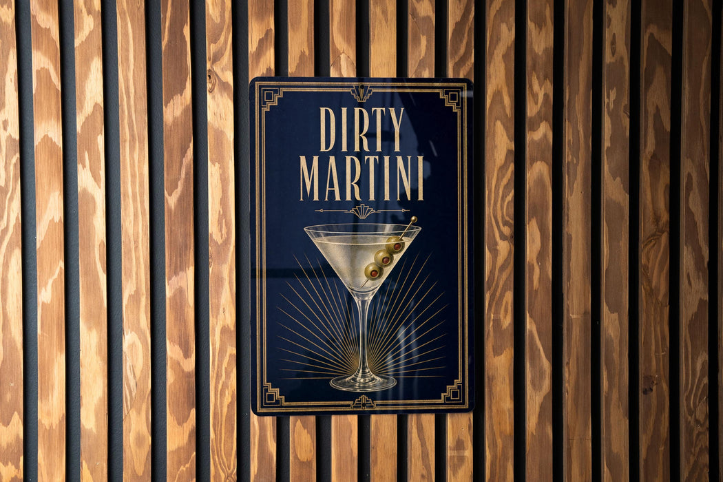a sign for "Dirty Martini" with a martini glass illustration on a dark background.