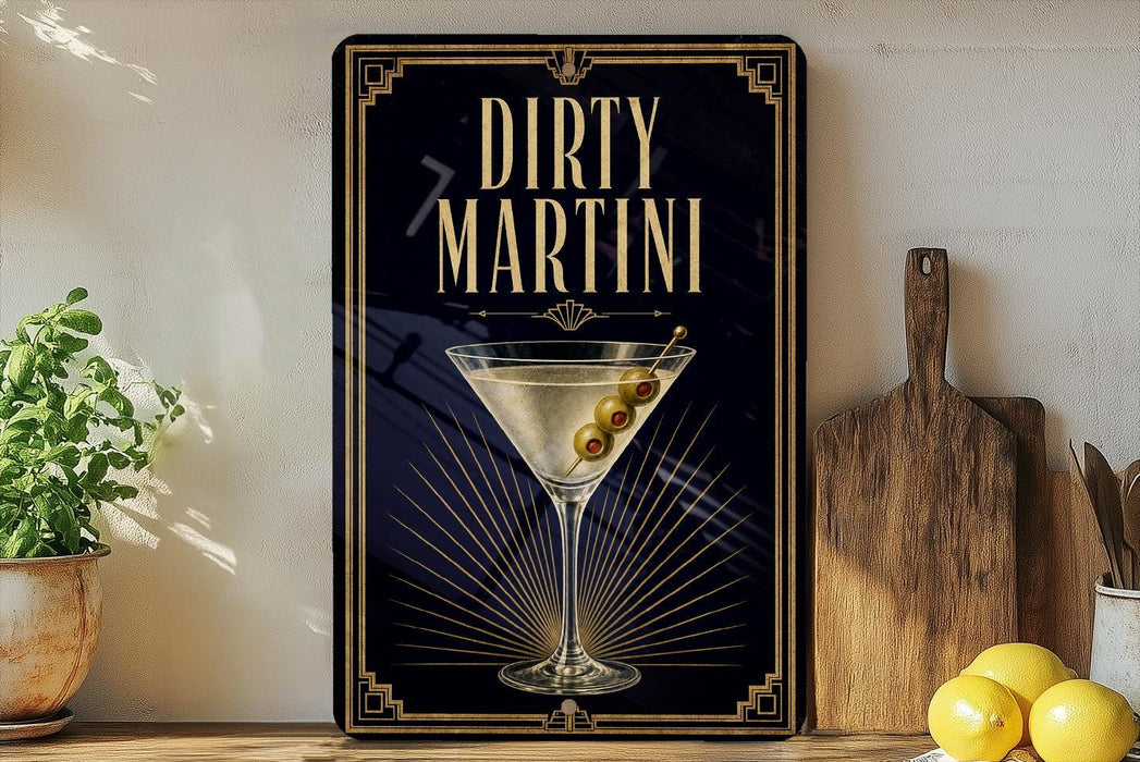 a framed poster of a martini glass with olives, placed on a shelf next to a wooden cutting board and a potted plant.
