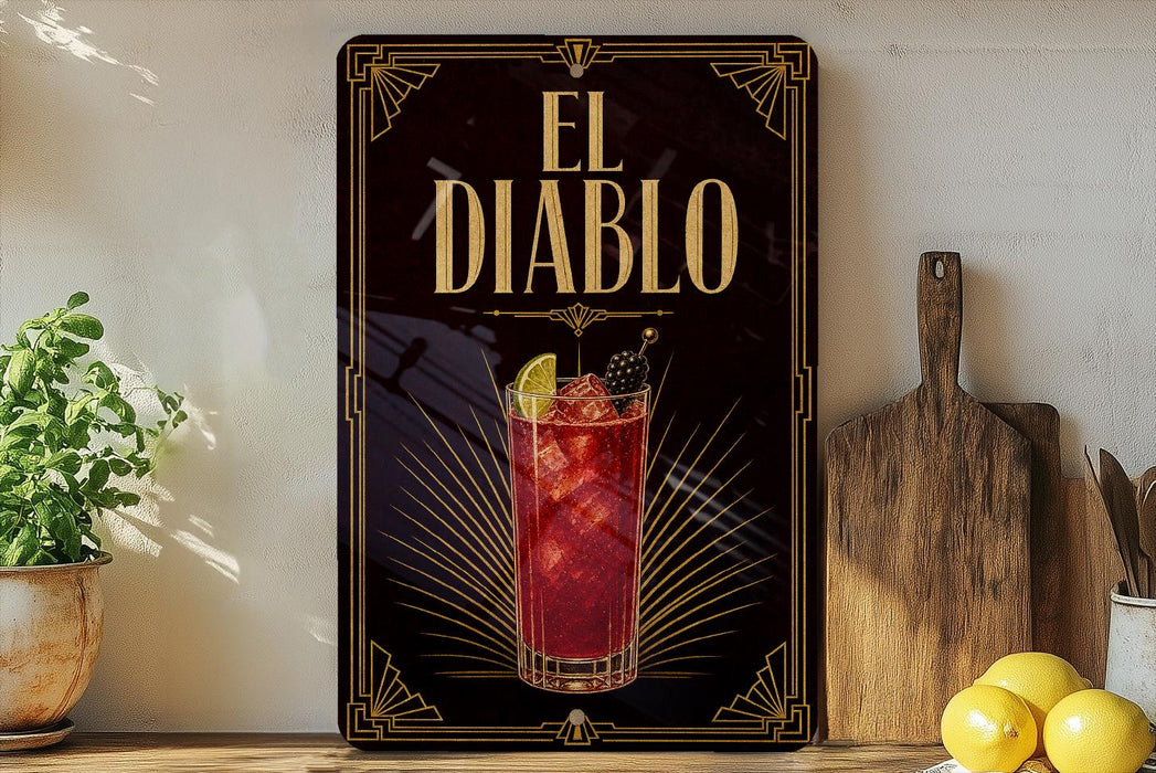 a decorative sign for "El Diablo", a cocktail, with a glass illustration and a lemon slice.