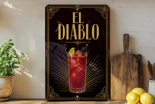 a decorative sign for "El Diablo", a cocktail, with a glass illustration and a lemon slice.