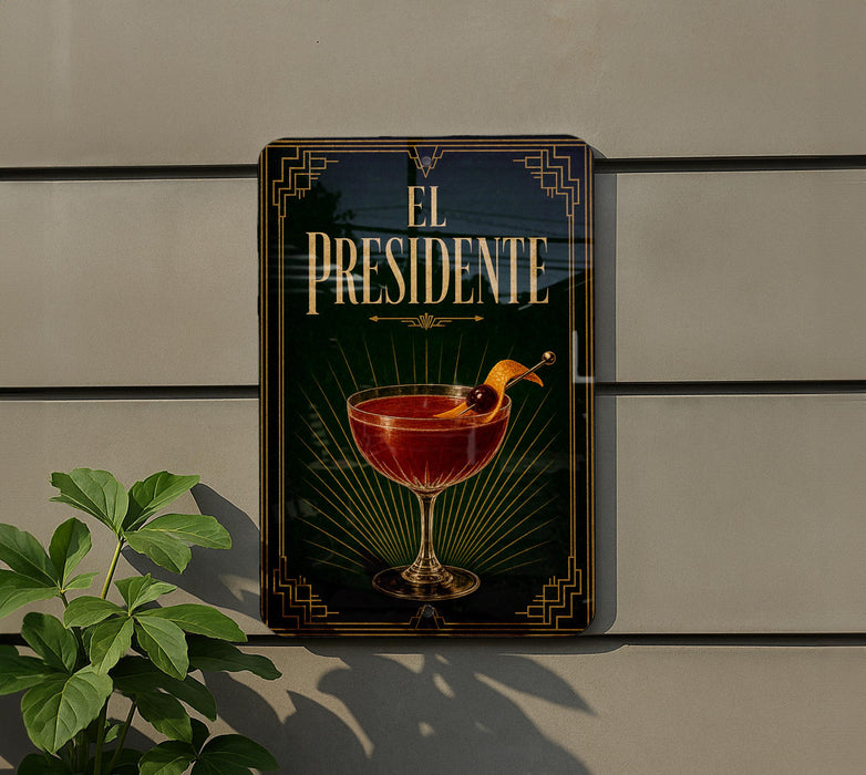 a sign for "EL PRESIDENTE", which is a cocktail, hanging on a wall.
