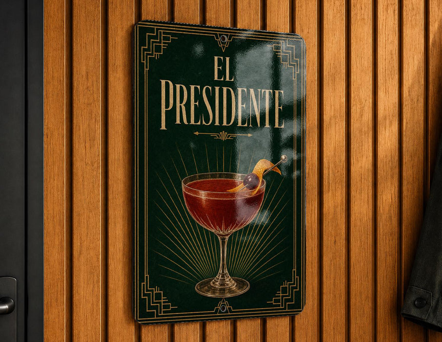 a sign with the title "EL PRESIDENTE" and an illustration of a cocktail glass with a lemon twist.