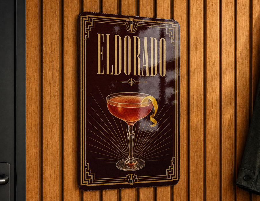 A decorative sign for "Eldorado" cocktail, featuring an illustration of a cocktail glass with a lemon peel.