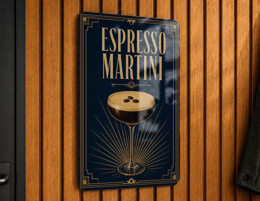A sign for "Espresso Martini" is displayed on a wooden wall.