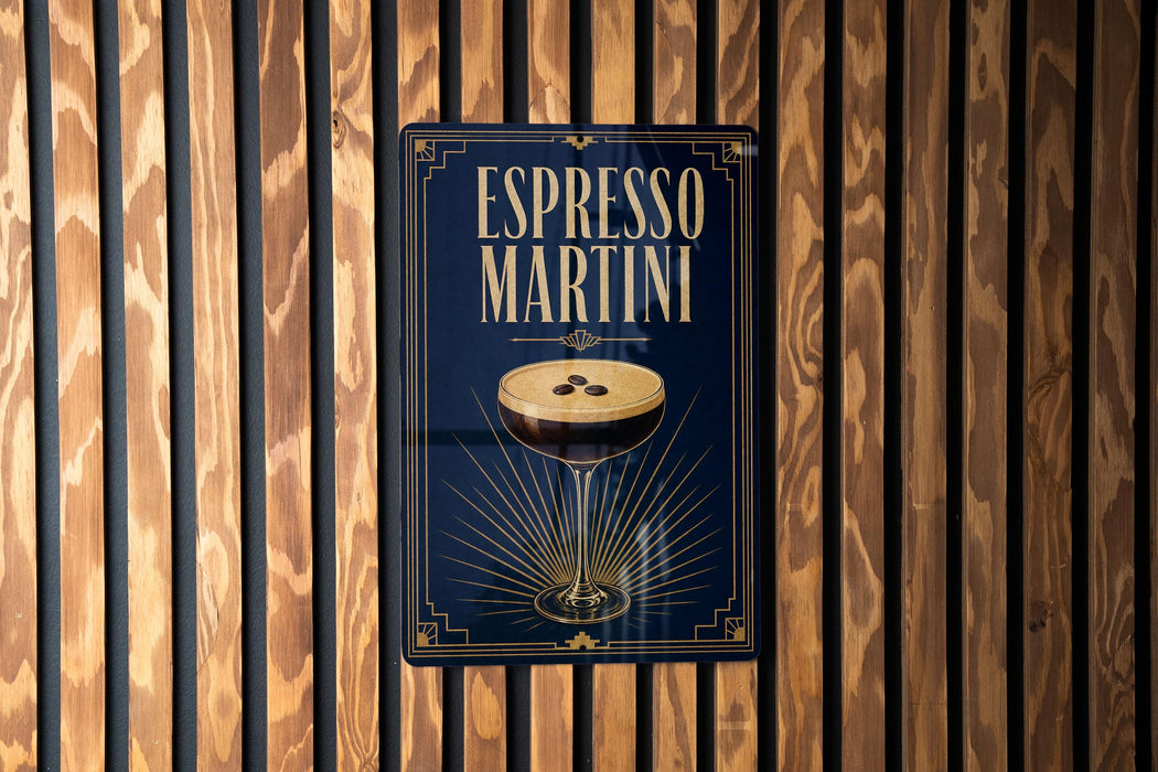 A sign for espresso martini is displayed on a wooden wall.