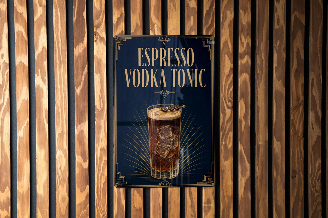 A sign for an espresso vodka tonic cocktail, featuring an illustration of a glass filled with the drink and ice cubes.