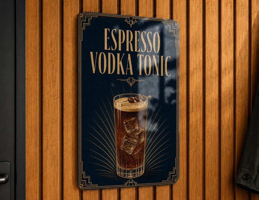 A sign for "Espresso Vodka Tonic" is displayed on a wooden wall.