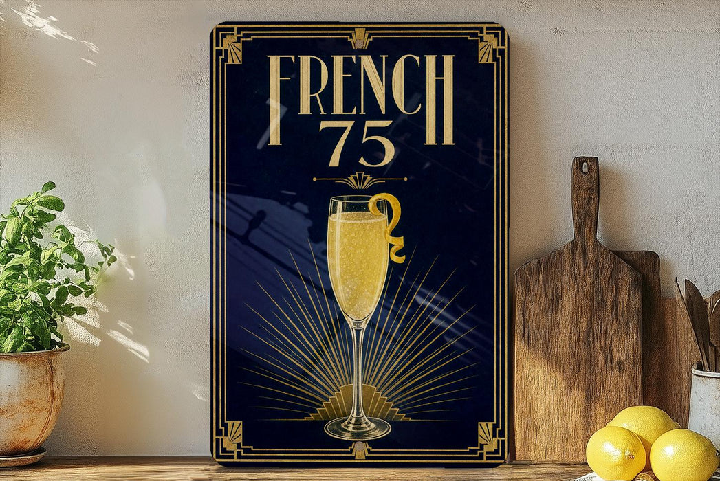 A framed poster with a champagne glass and a lemon on a wooden shelf, surrounded by kitchen utensils and a potted plant.