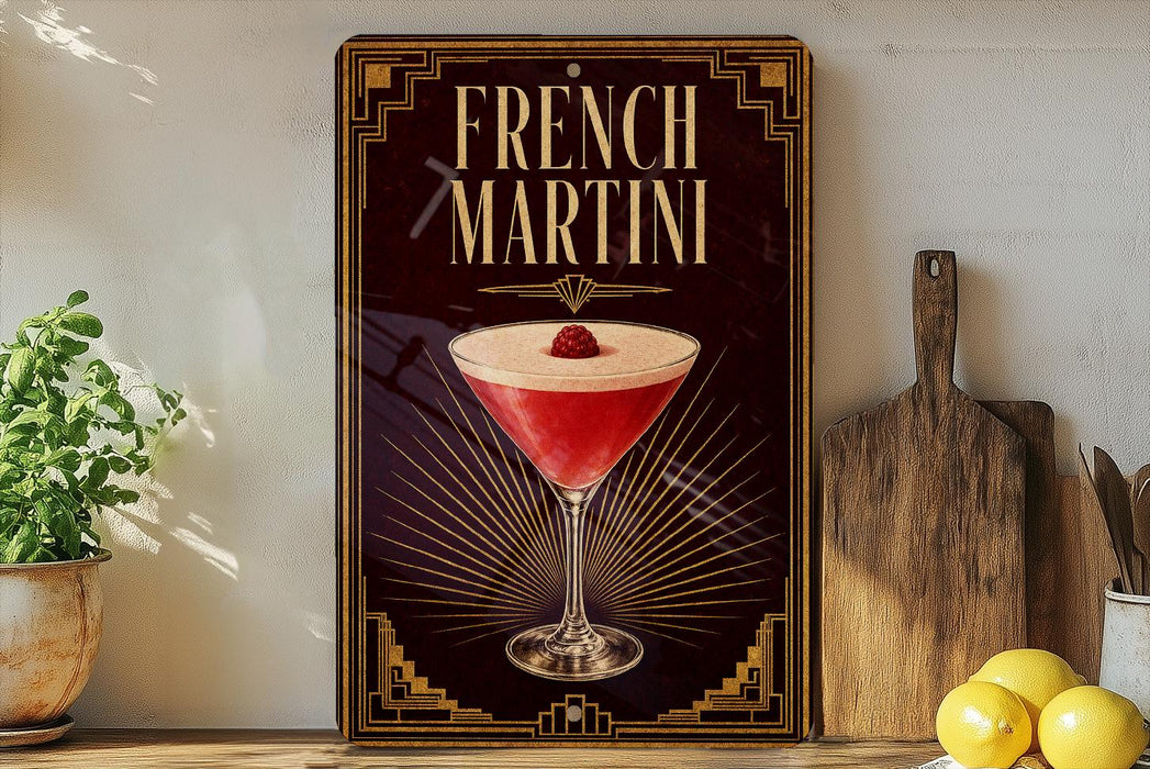 a decorative sign for a French martini, with a glass of the cocktail prominently displayed.