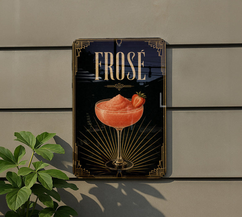 a sign for a drink called "FROSE" with a glass of pink drink and a strawberry garnish.