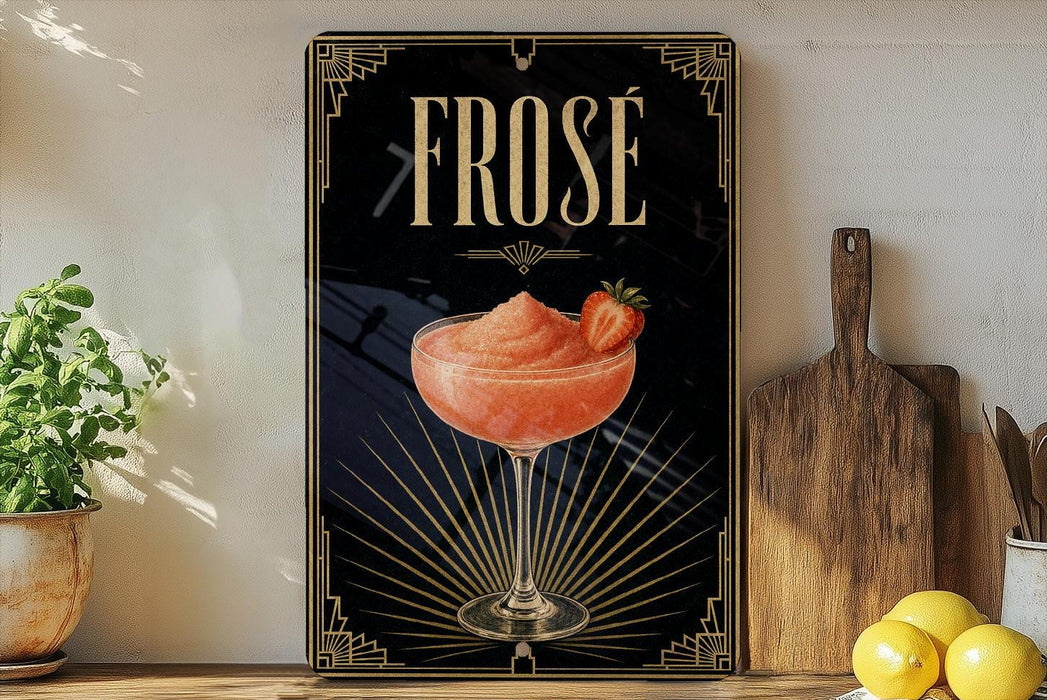 a framed poster of a pink drink with a strawberry garnish, placed on a shelf next to a wooden cutting board and a potted plant.