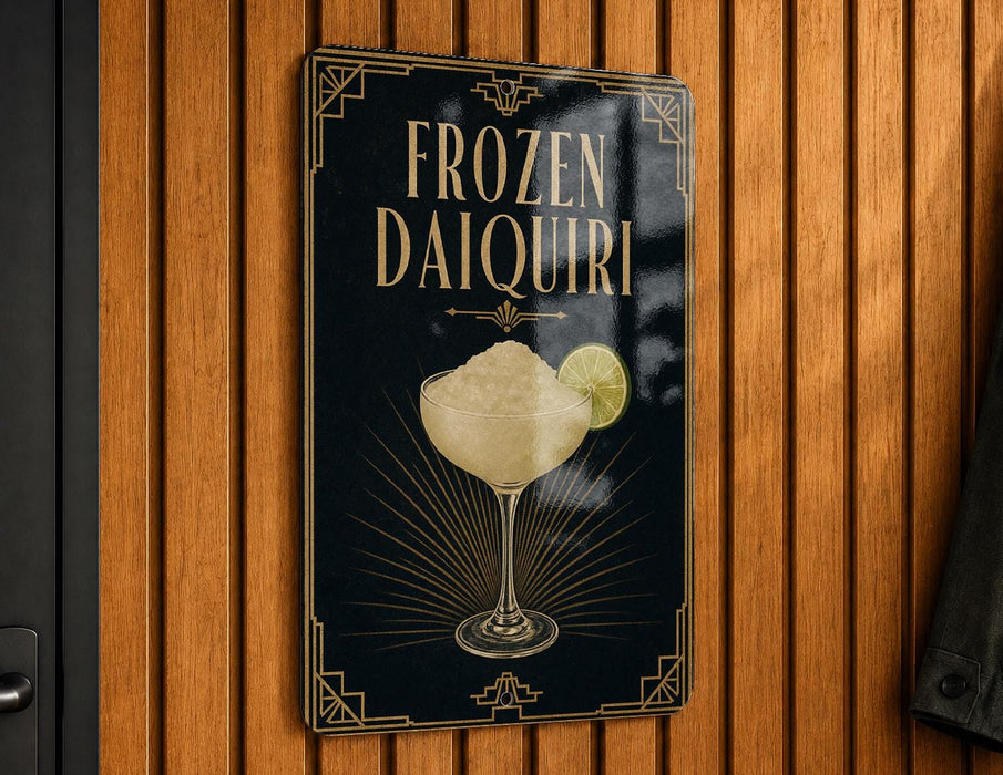 A sign for "FROZEN DAIQUIRI" is displayed on a wooden wall, featuring an illustration of a cocktail glass with a lime slice.