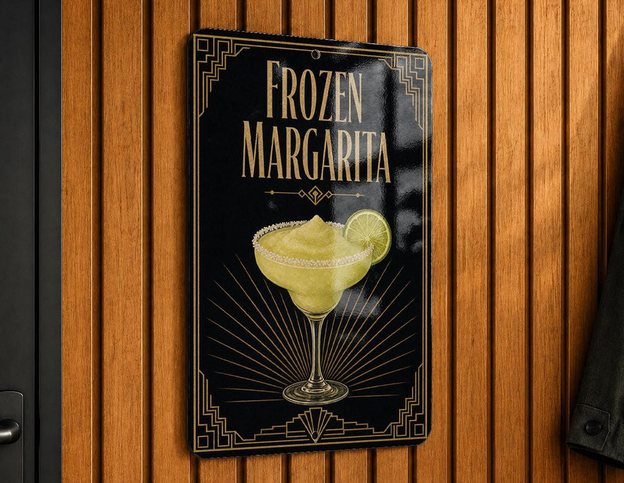 A sign for a frozen margarita is hanging on a wooden wall.