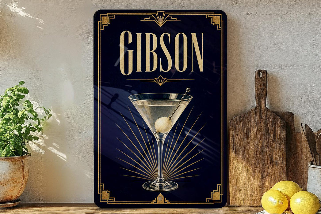 A framed poster of a martini glass with a lemon on a wooden shelf, accompanied by a wooden cutting board and a potted plant.