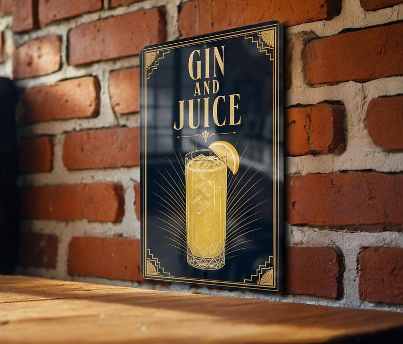 A sign with the text "GIN AND JUICE" and an illustration of a cocktail glass with a lemon slice.